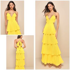 Lulus Tier And Now Dress Women's L Yellow Maxi Tie Back Tiered NWOT